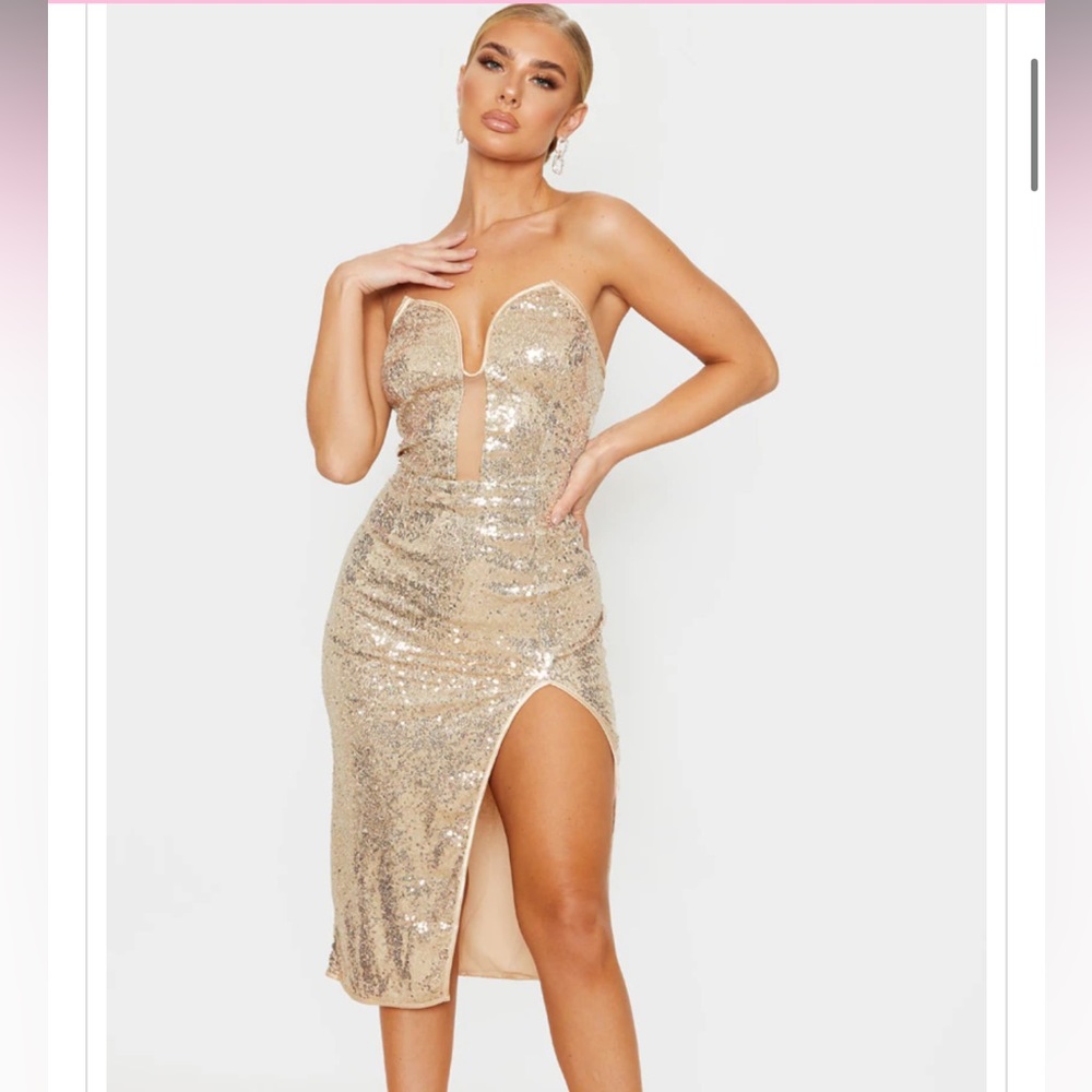 Gold Sequin V Bar Extreme Split Midi Dress